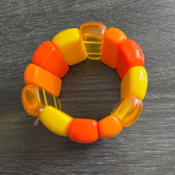 Vintage 1960s Orange Yellow Lucite 2" Wide Stretchy Bangle Bracelet - Picture 6 of 7